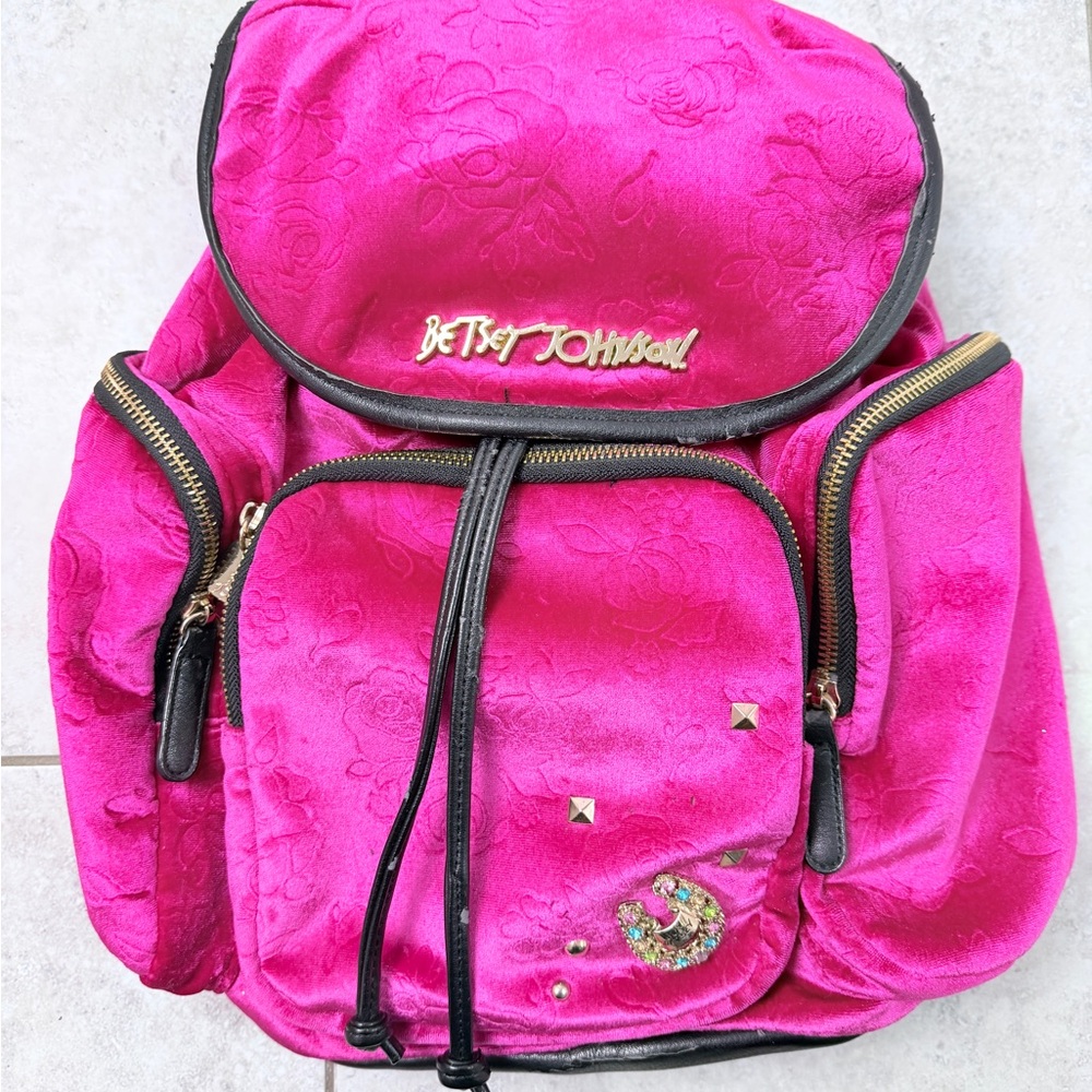 Betsey Johnson Pink Velvet Backpack Floral Embossed Women’s Girl’s